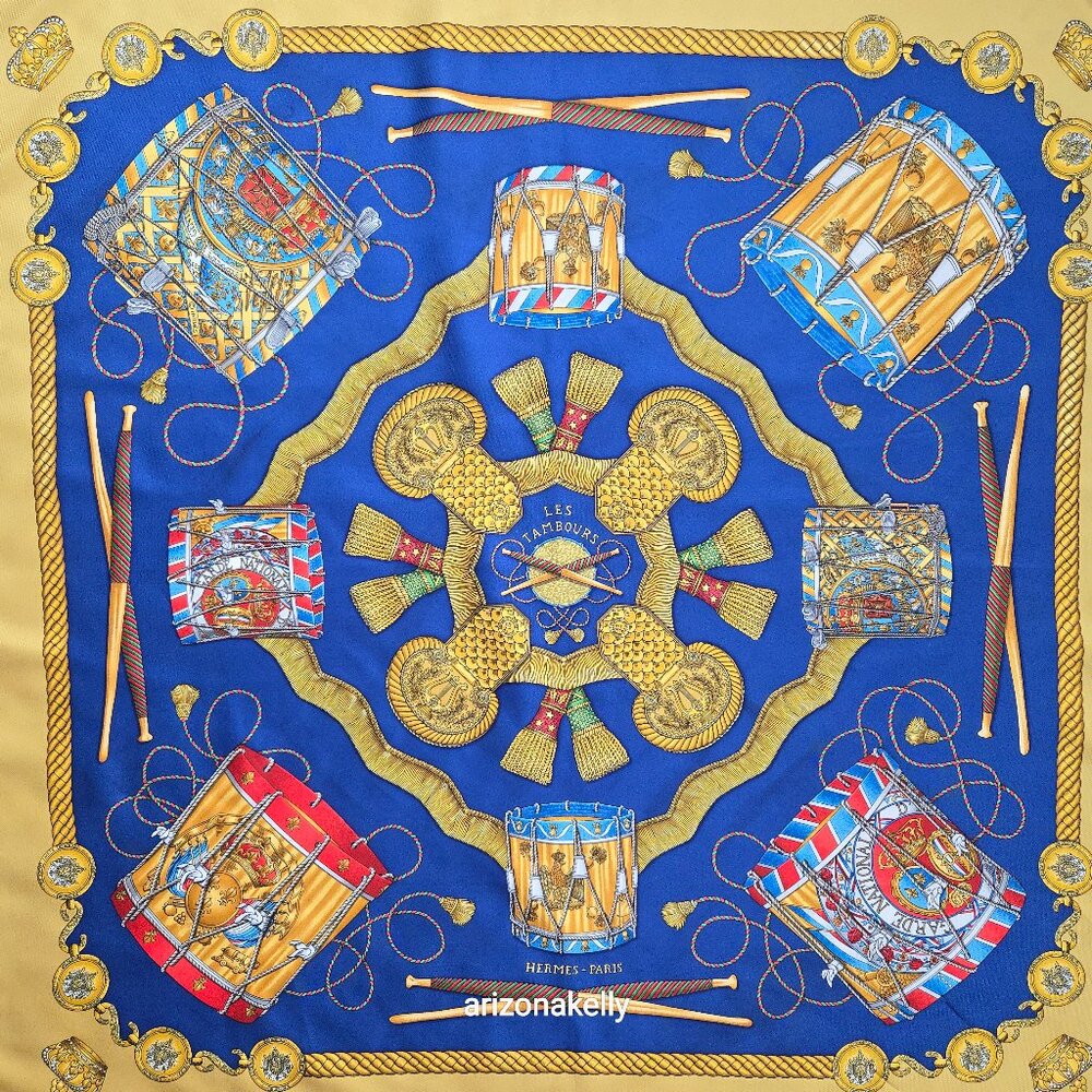 Hermès 'Les Tambours' Silk Scarf Gold Yellow